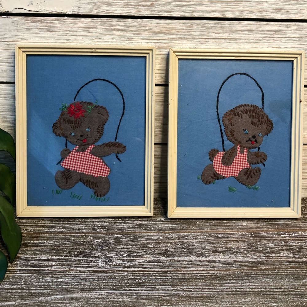 2 quilt & embroidered vintage nursery pictures